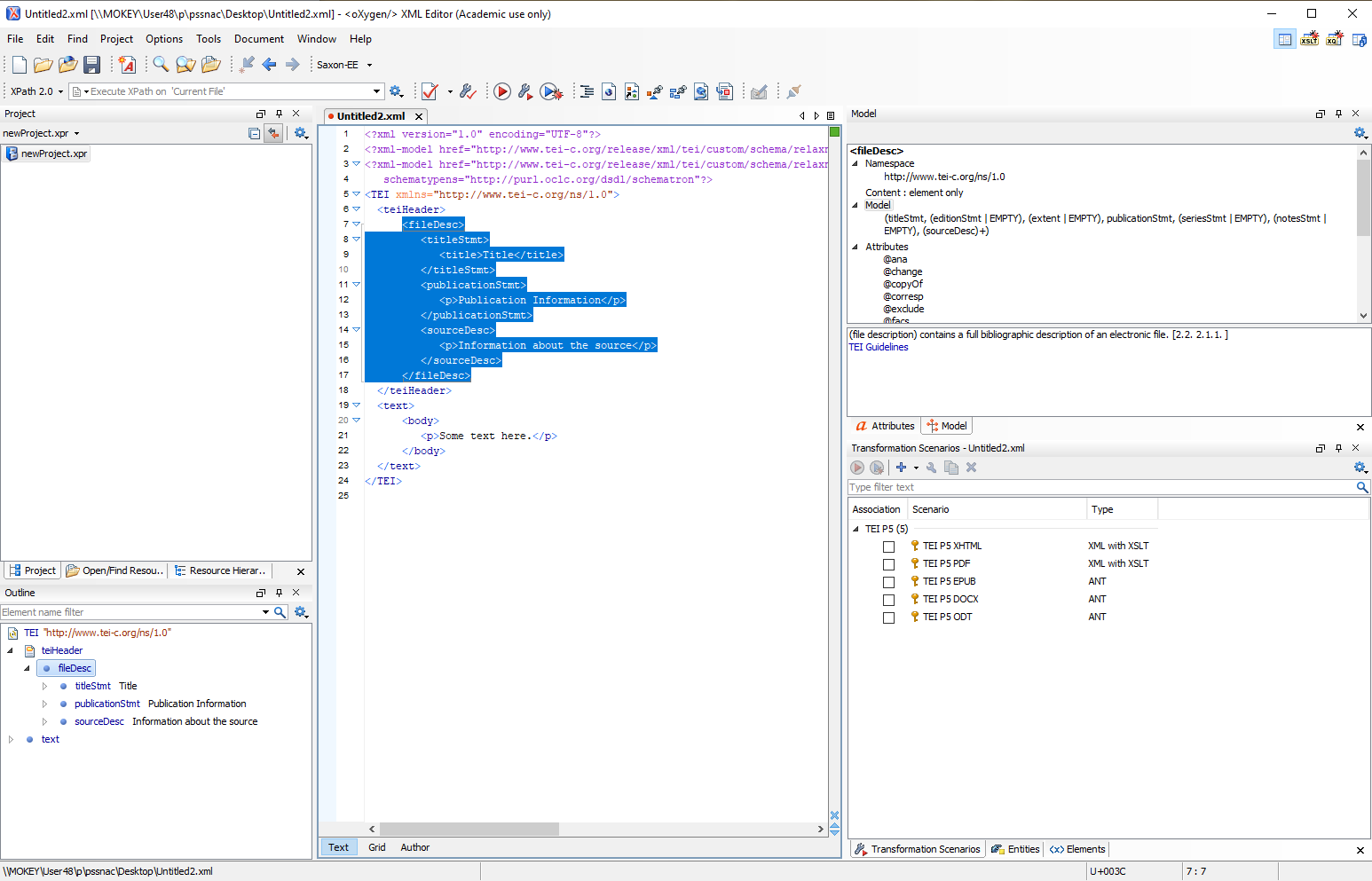 Oxygen XML editor with the fileDesc node and child nodes highlighted