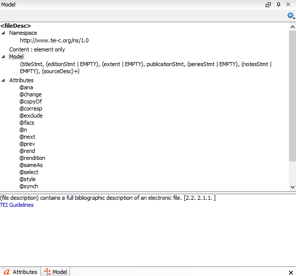 The model tab for the fileDesc node displayed in the Oxygen XML editor