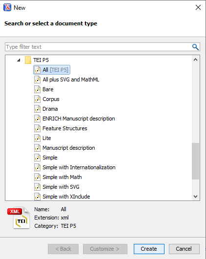 New document interface with TEI P5 All selected